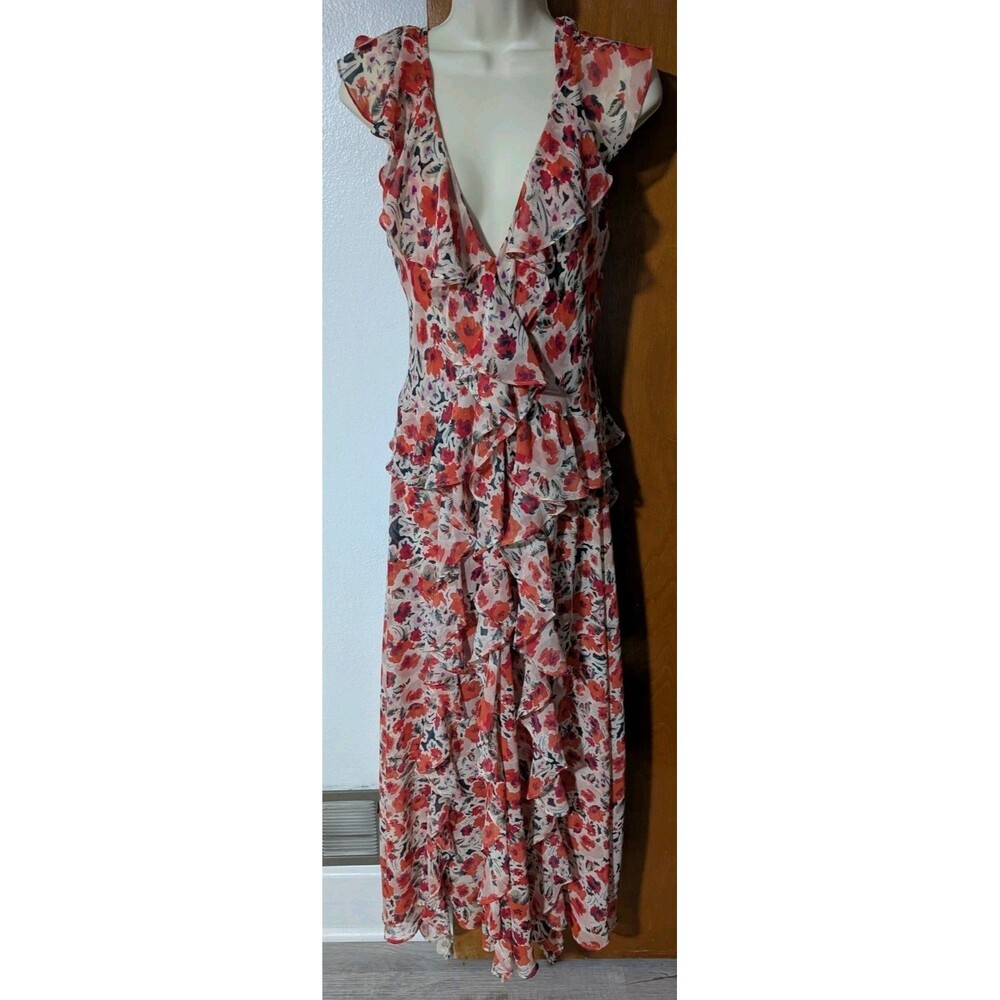 MISA Los Angeles Claudita Dress Red Floral Size Small Maxi Ruffles Tasseled Back